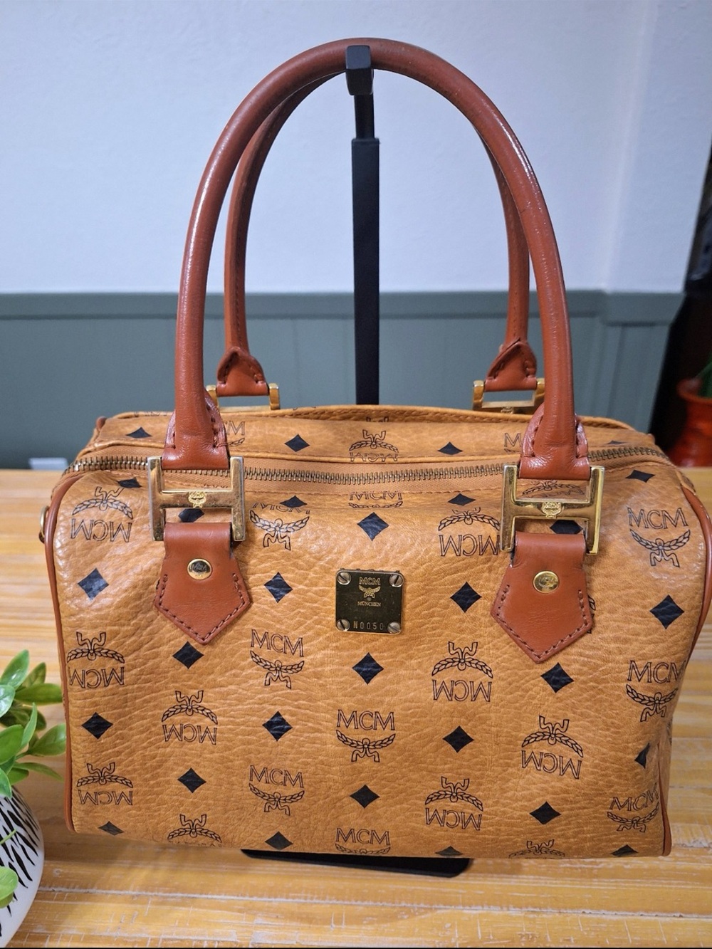 MCM Cognac Visetos Monogram Satchel with Brown Trim